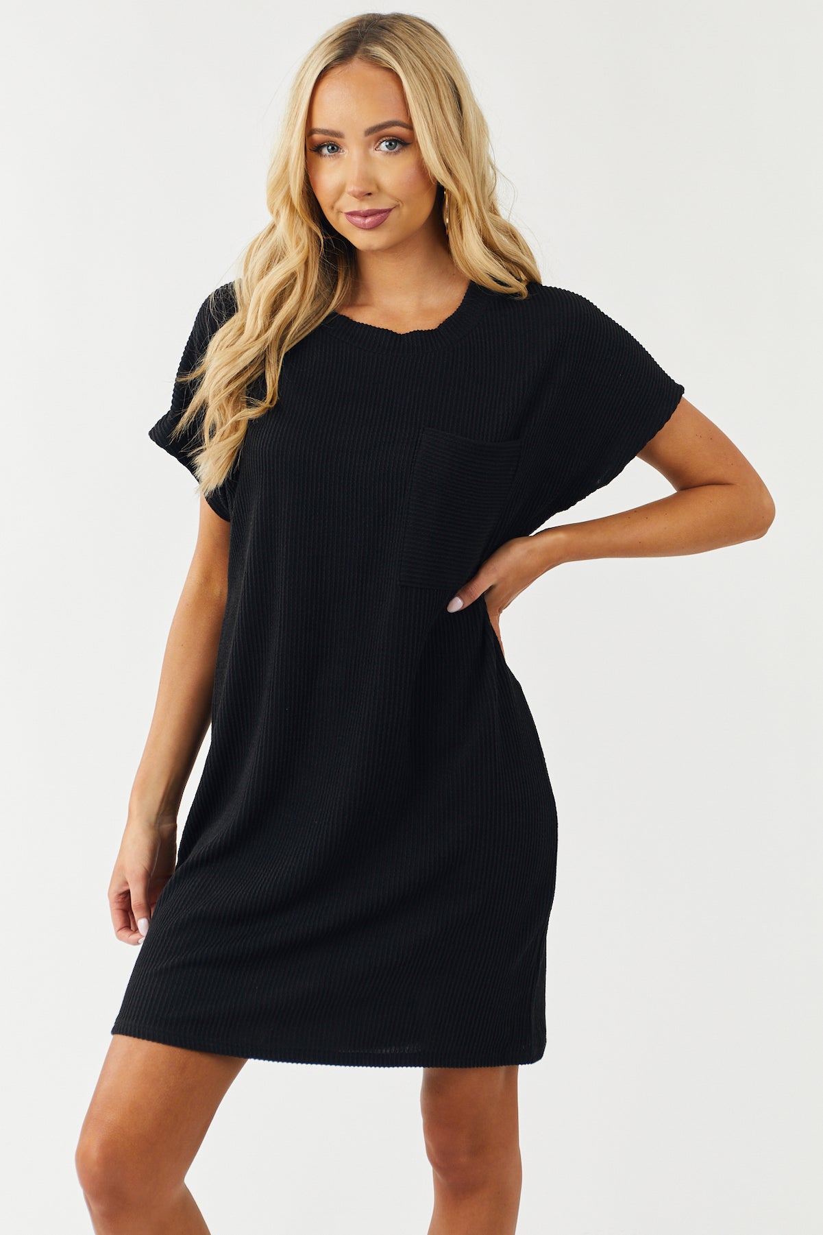 Black Ribbed Chest Pocket Tee Shirt Dress