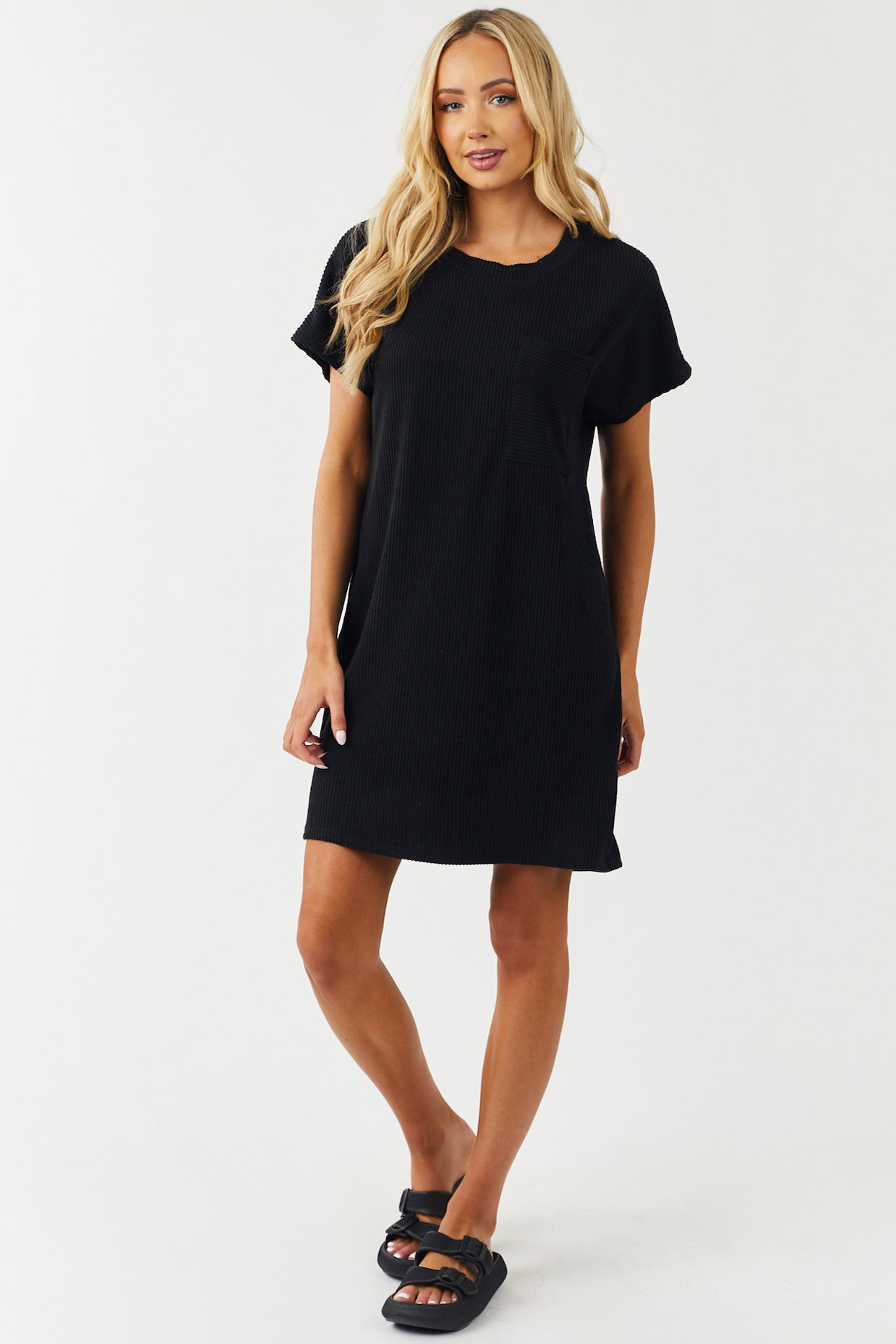 Black Ribbed Chest Pocket Tee Shirt Dress