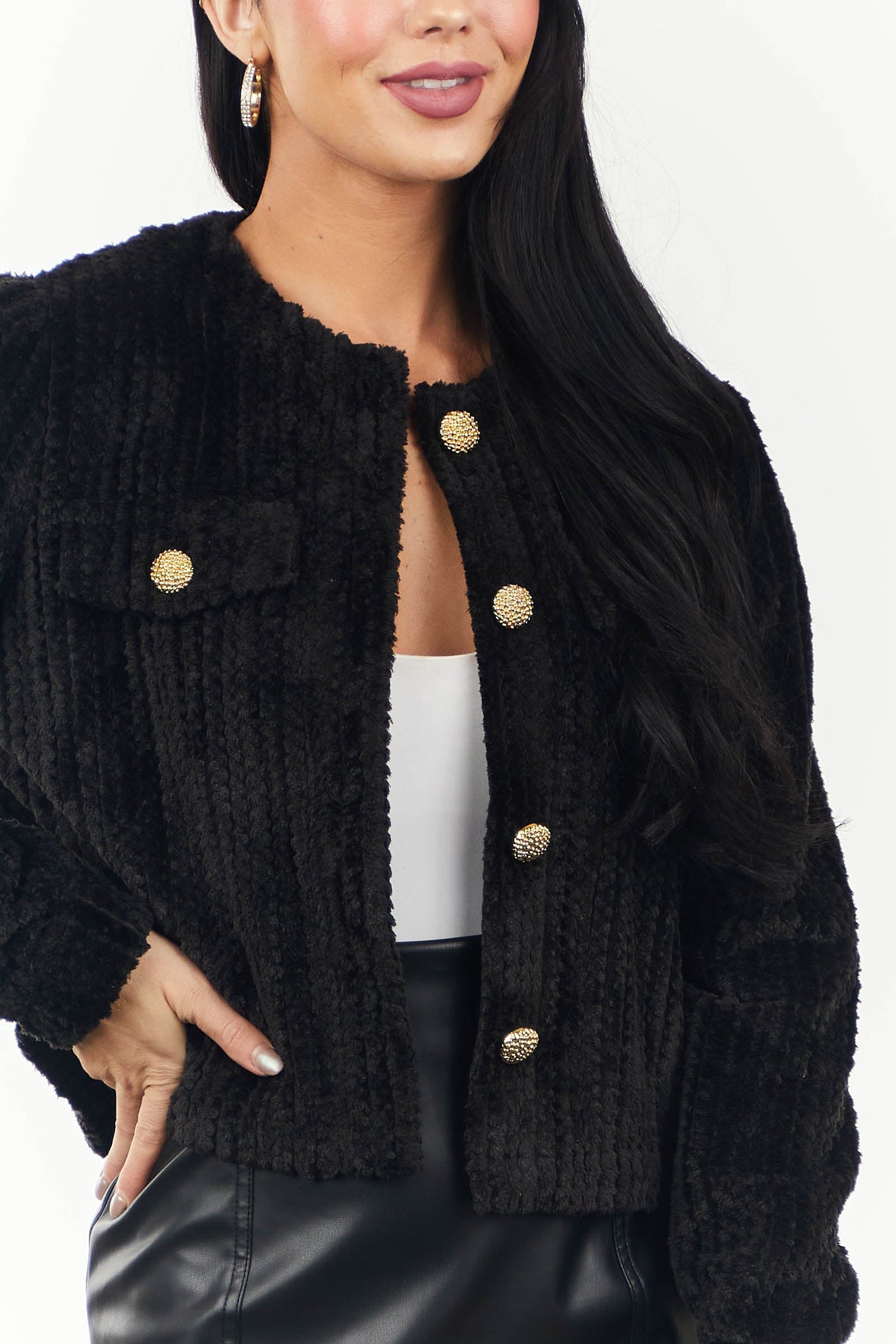 Black Ribbed Faux Fur Cropped Button Up Jacket