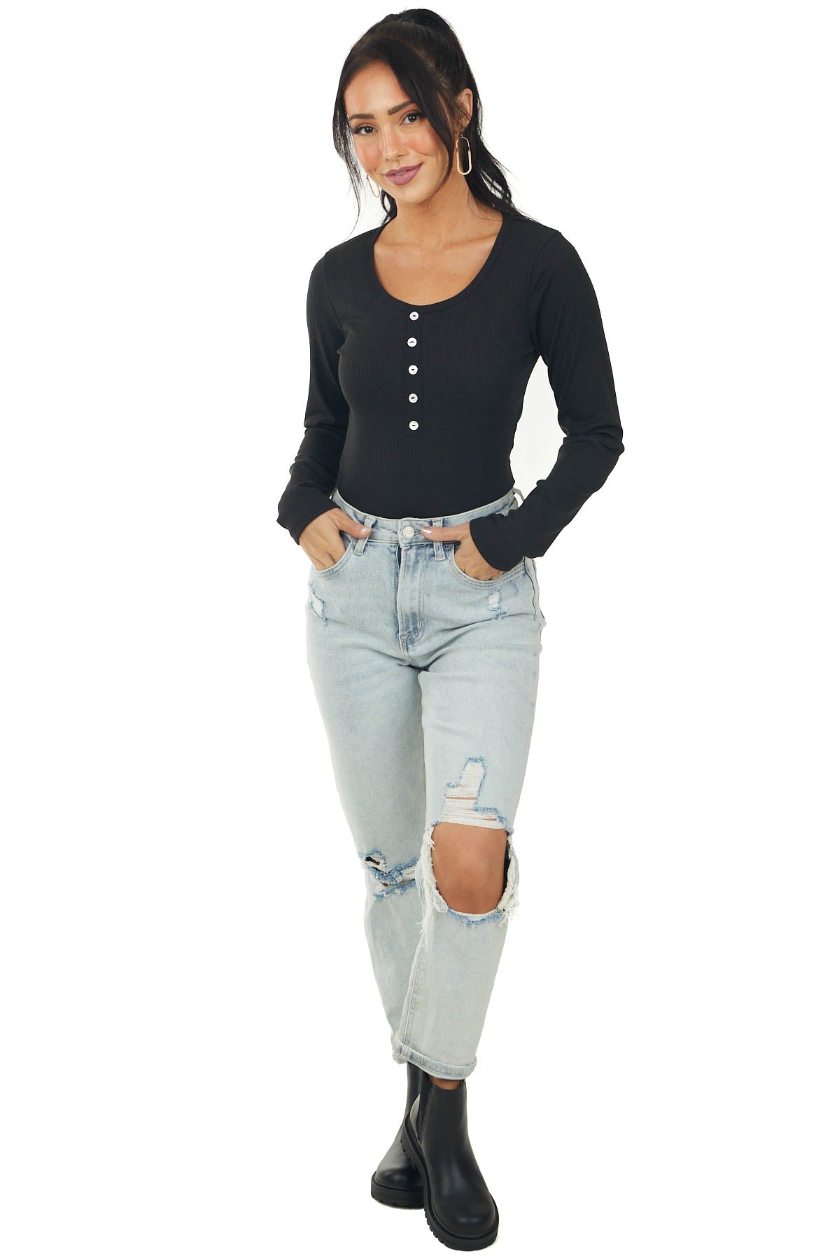 Black Ribbed Knit Long Sleeve Bodysuit