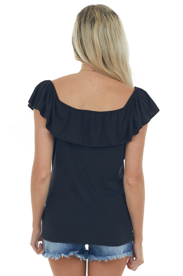 Black Ribbed Knit Top with Ruffle Overlay
