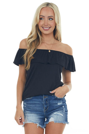 Black Ribbed Knit Top with Ruffle Overlay