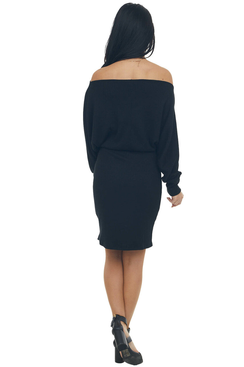 Black Ribbed Off Shoulder Dolman Sleeve Dress 