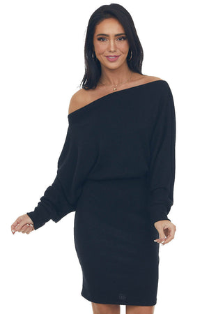 Black Ribbed Off Shoulder Dolman Sleeve Dress 