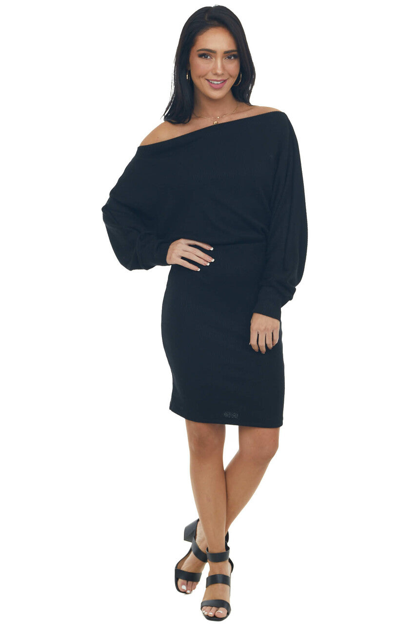 Black Ribbed Off Shoulder Dolman Sleeve Dress 