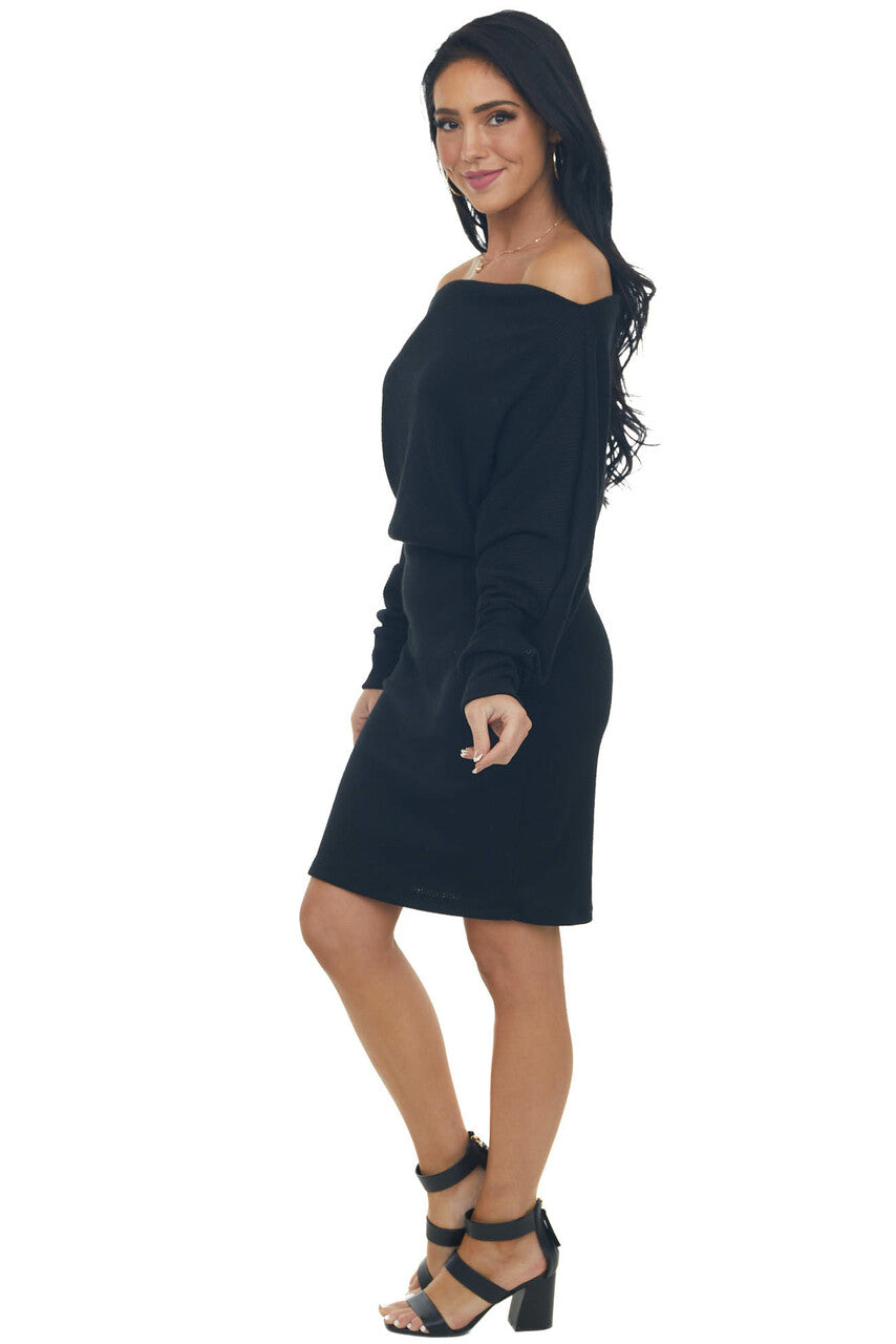 Black Ribbed Off Shoulder Dolman Sleeve Dress 