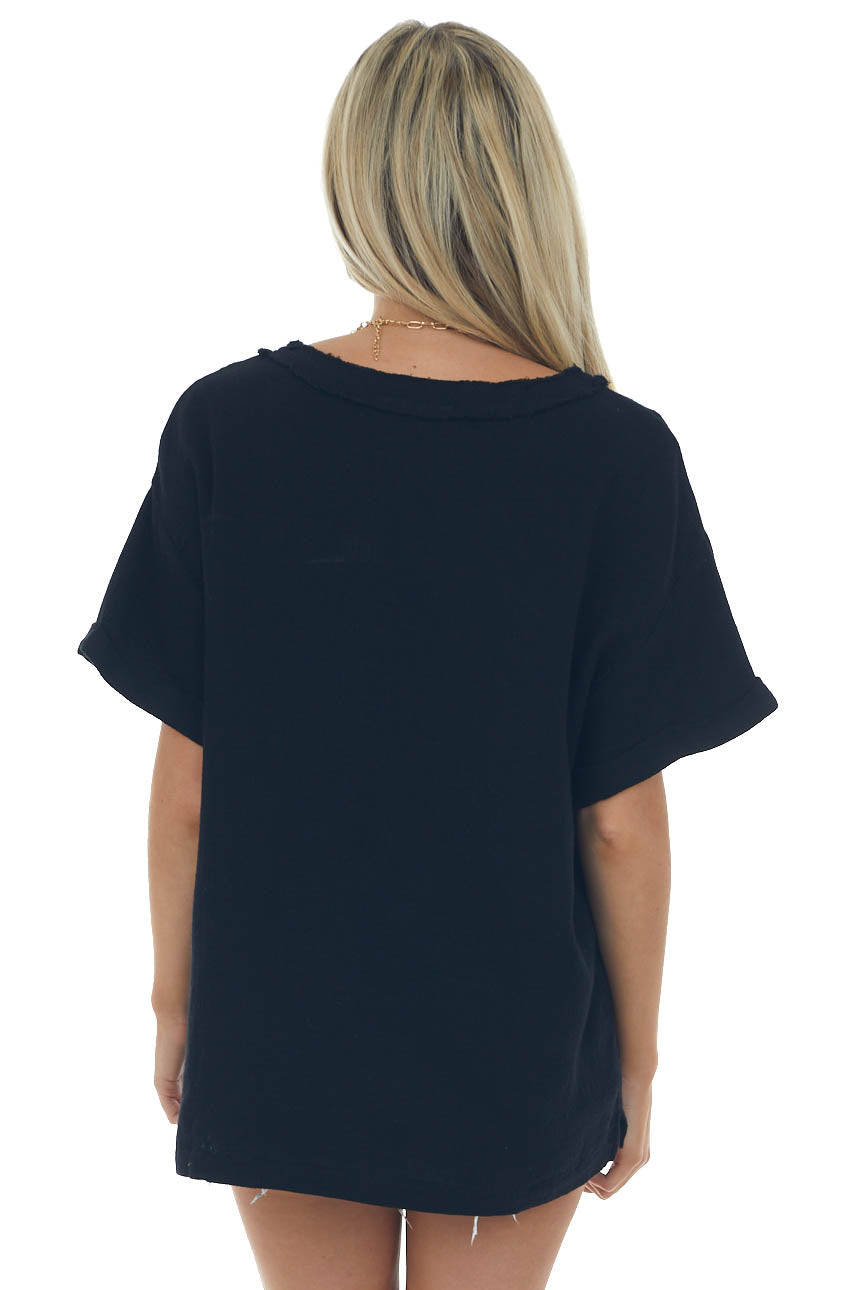 Black Rolled Short Sleeve Top with Front Pocket