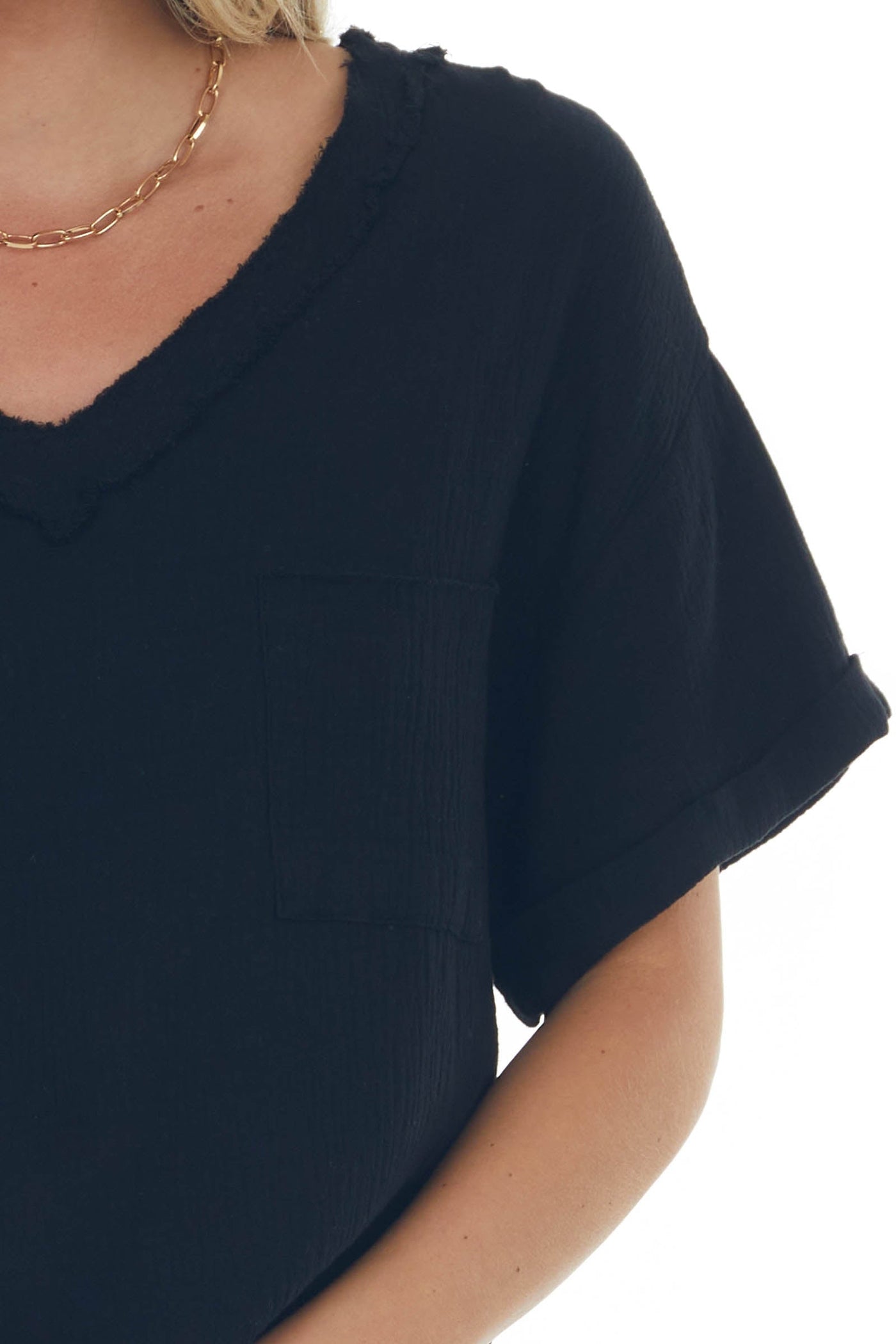 Black Rolled Short Sleeve Top with Front Pocket