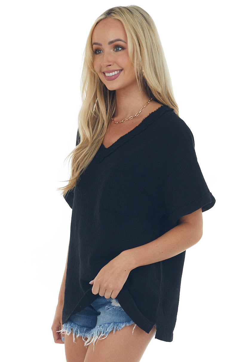 Black Rolled Short Sleeve Top with Front Pocket