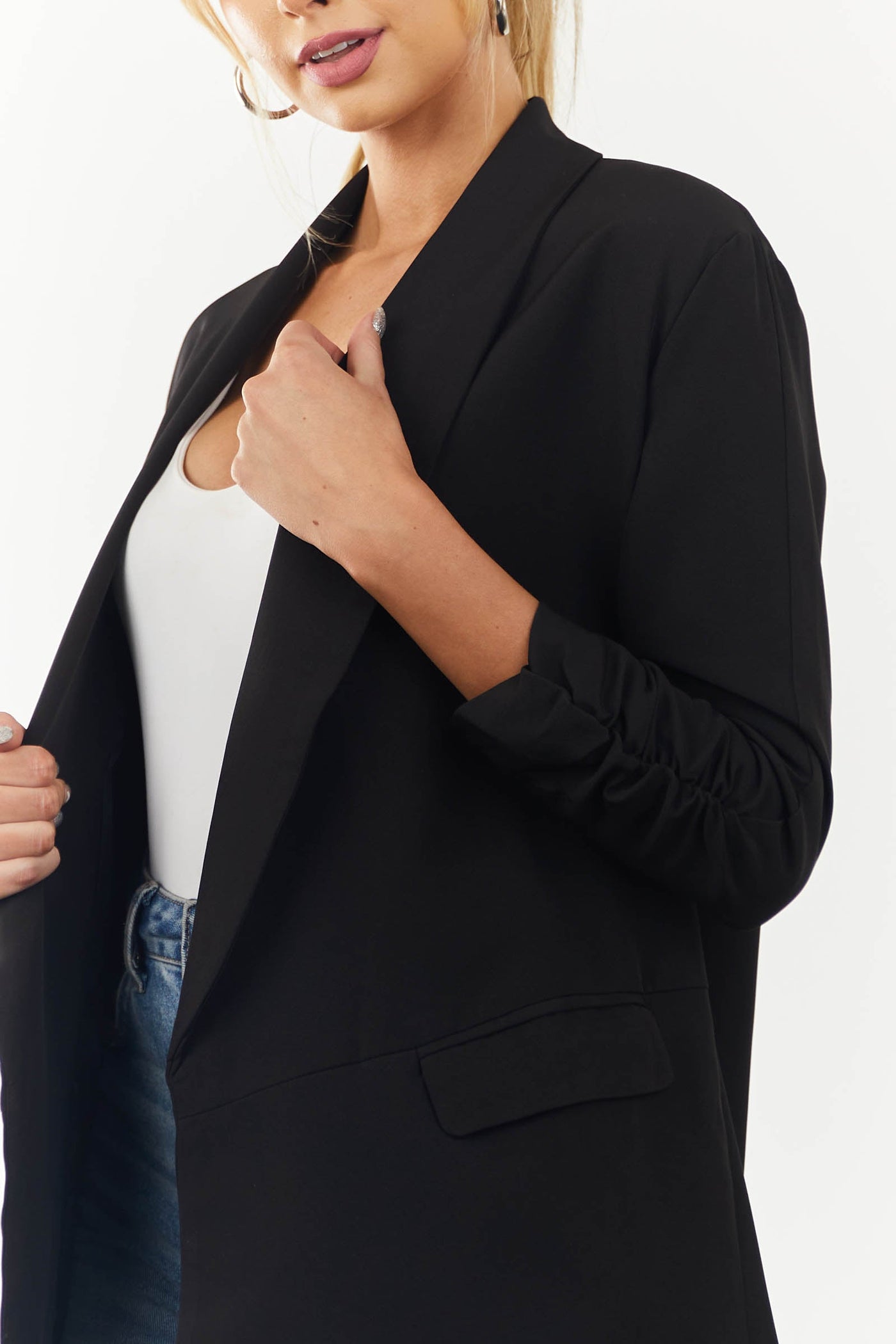 Black Ruched Sleeve Pouch Pocket Blazer