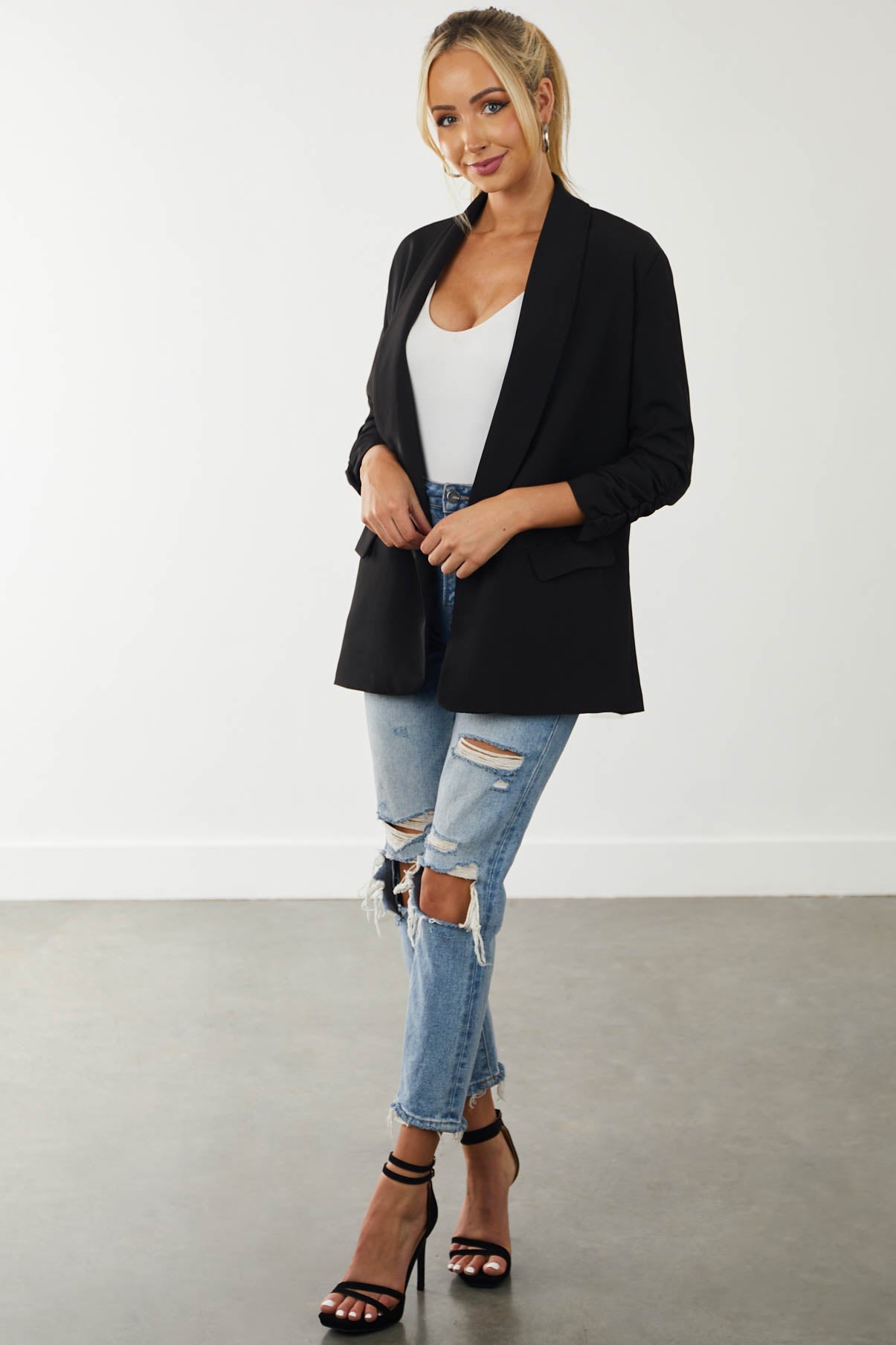 Black Ruched Sleeve Pouch Pocket Blazer