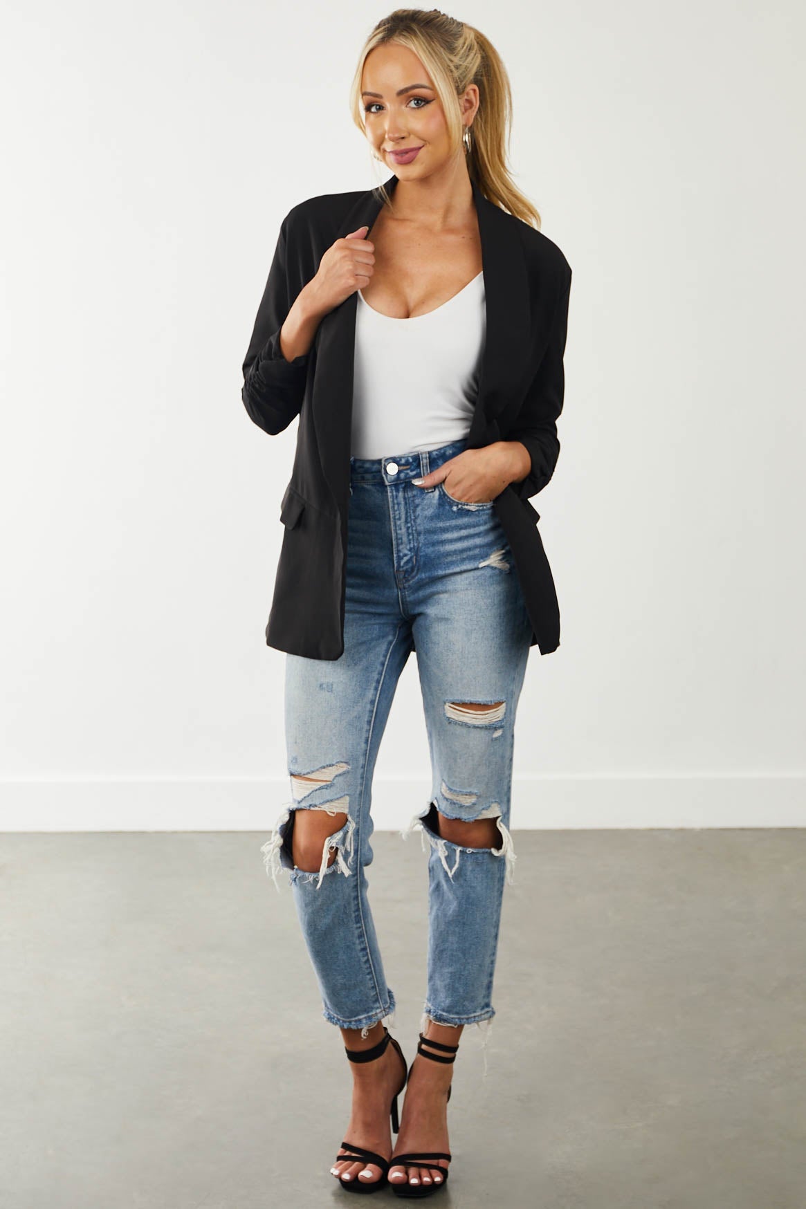 Black Ruched Sleeve Pouch Pocket Blazer