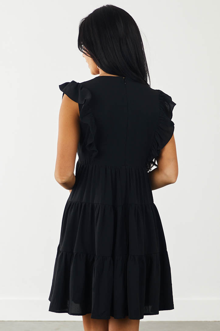 Black Ruffle Babydoll V Neck Tiered Dress