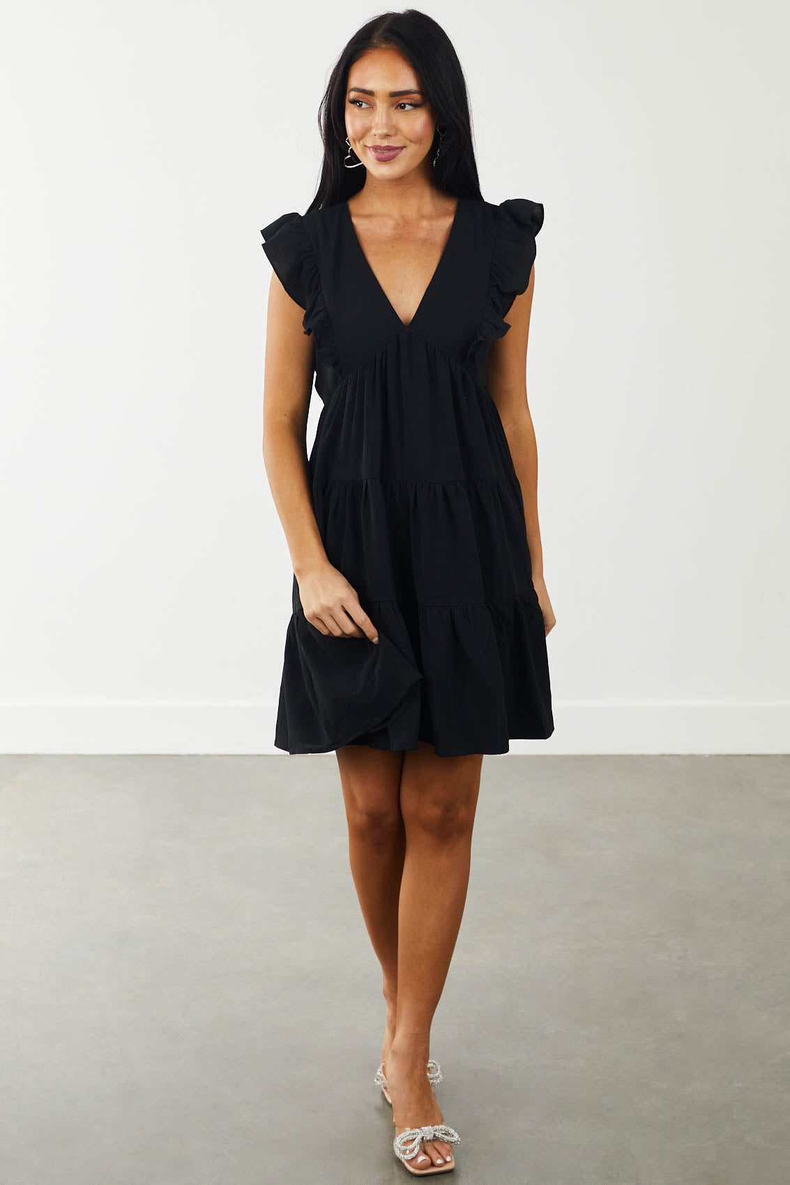 Black Ruffle Babydoll V Neck Tiered Dress