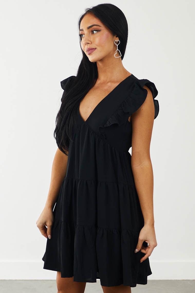 Black Ruffle Babydoll V Neck Tiered Dress
