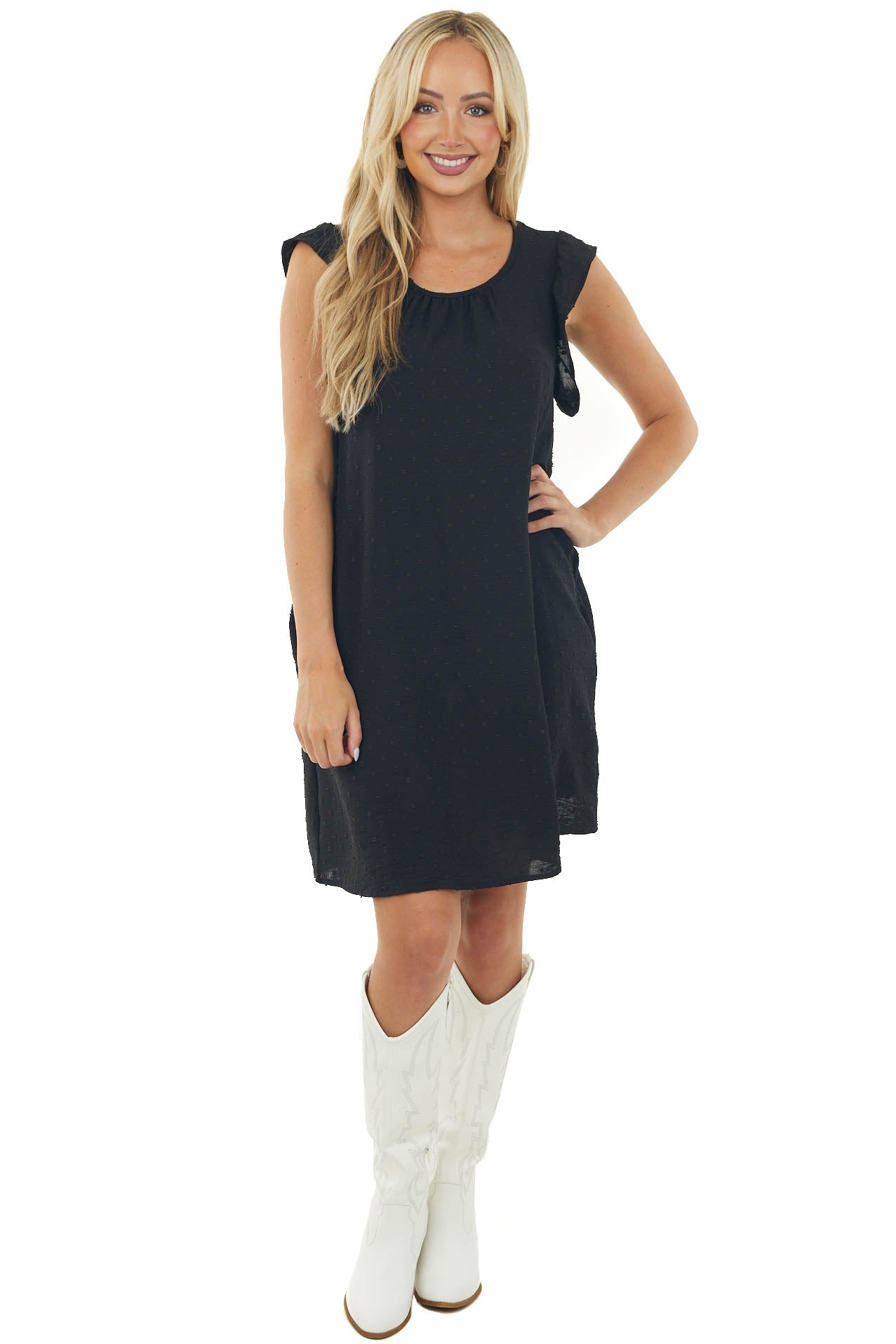 Black Ruffle Cap Sleeve Swiss Dot Dress