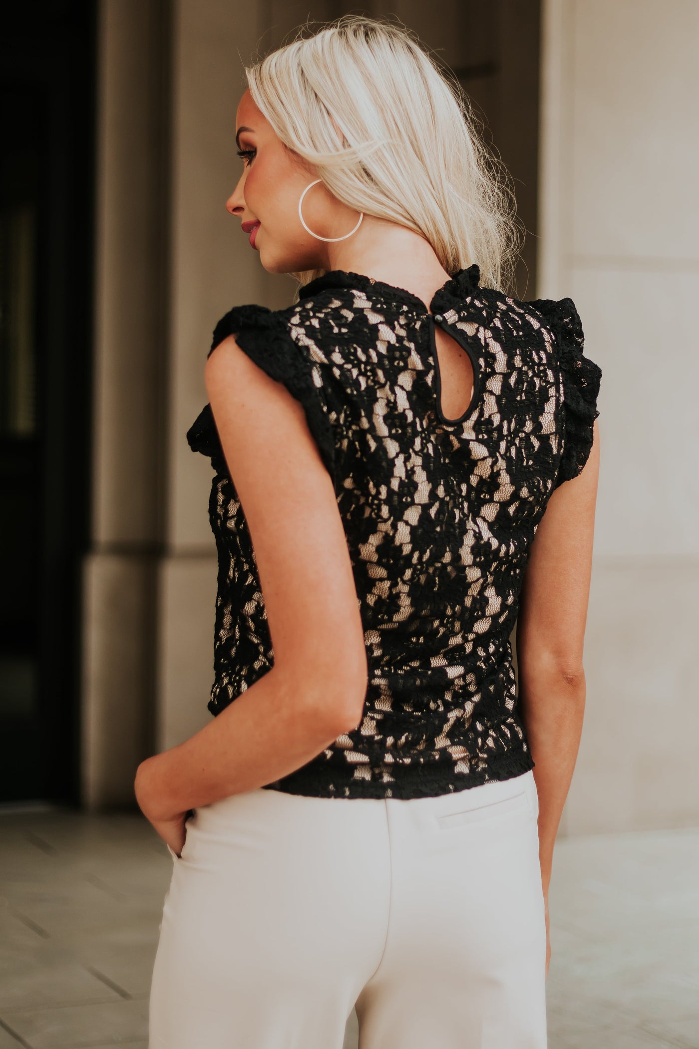 Black Ruffle Sleeve Floral Lace Blouse