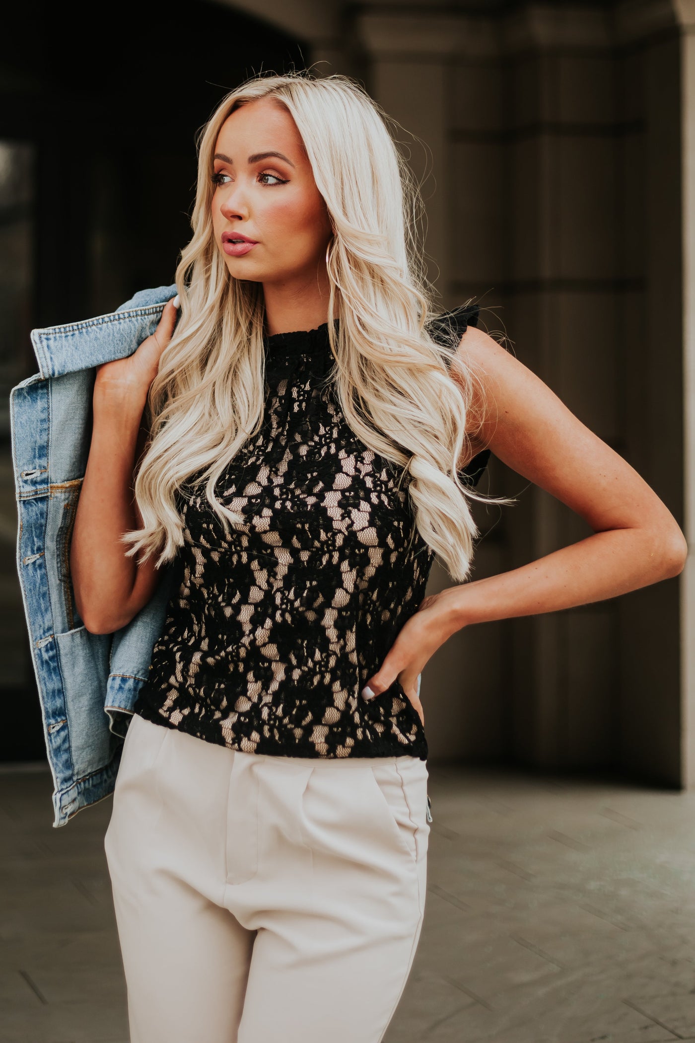 Black Ruffle Sleeve Floral Lace Blouse