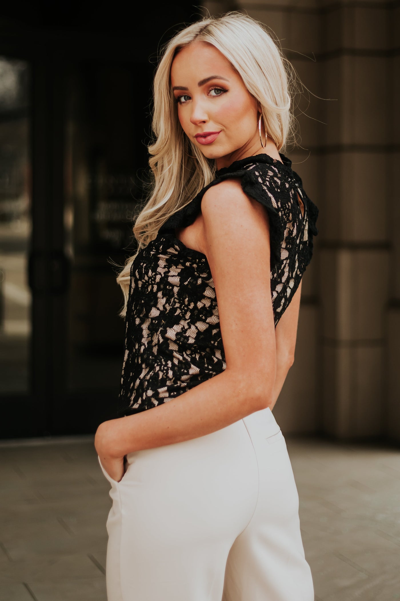 Black Ruffle Sleeve Floral Lace Blouse