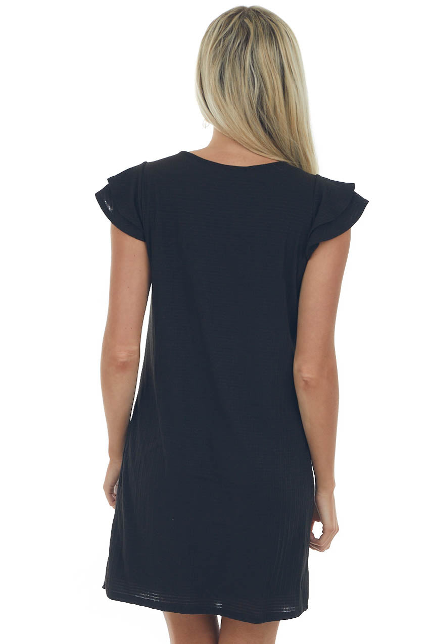 Black Ruffle Sleeve Ribbed Knit Shift Dress