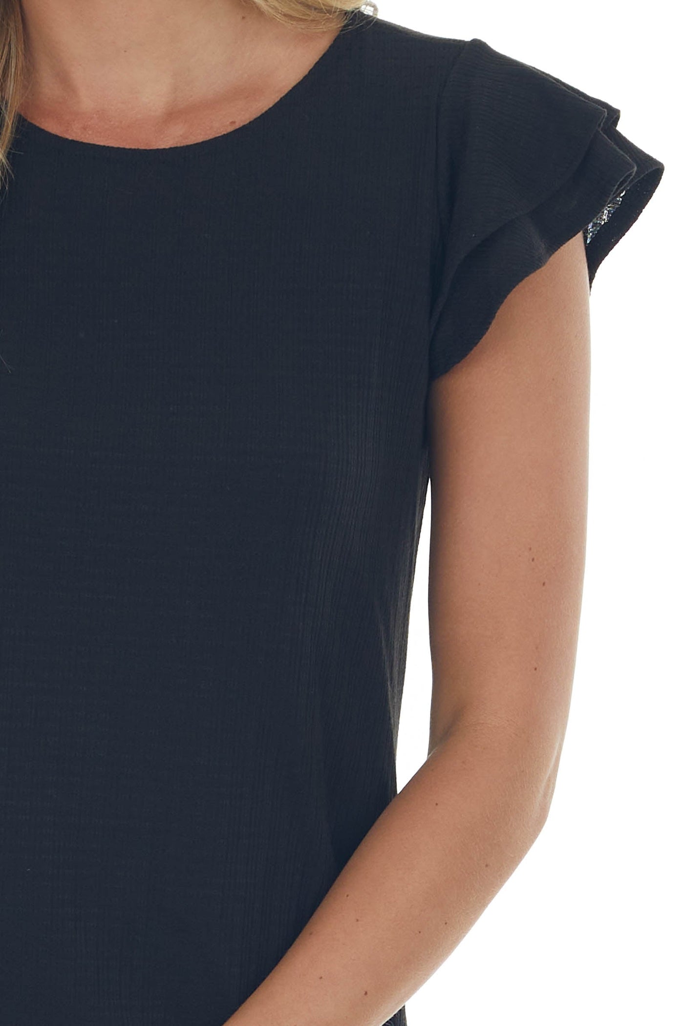 Black Ruffle Sleeve Ribbed Knit Shift Dress