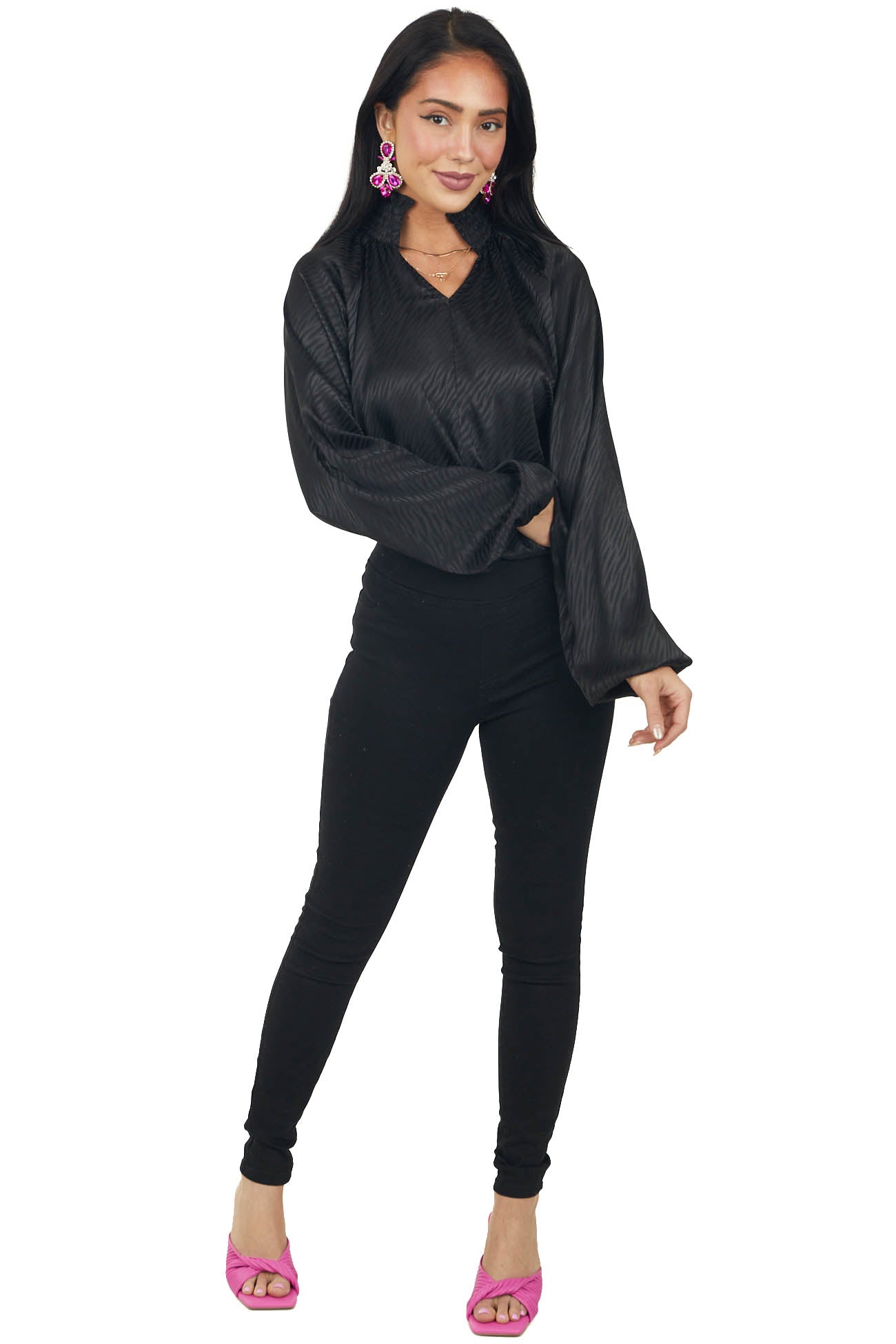 Black Satin Animal Print Notch Neck Blouse