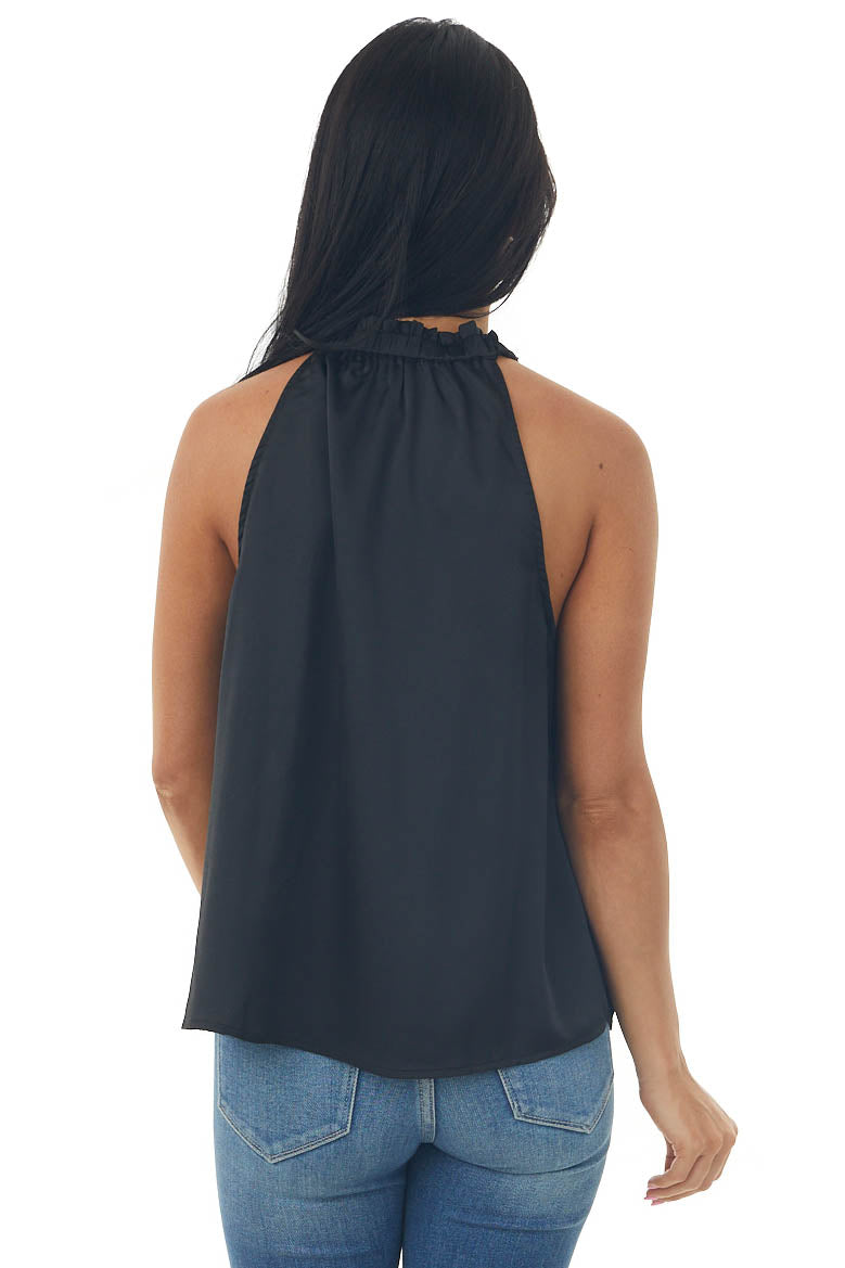 Black Satin Elastic Shirred Halter Neck Blouse