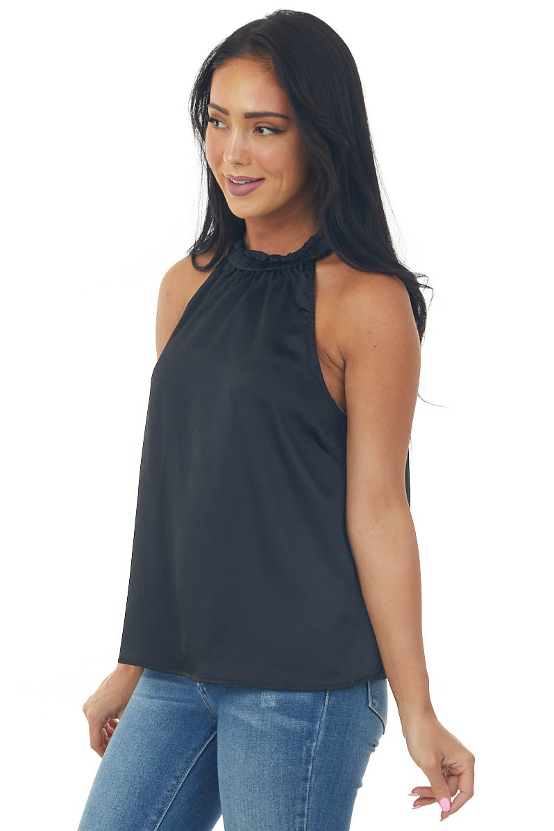 Black Satin Elastic Shirred Halter Neck Blouse