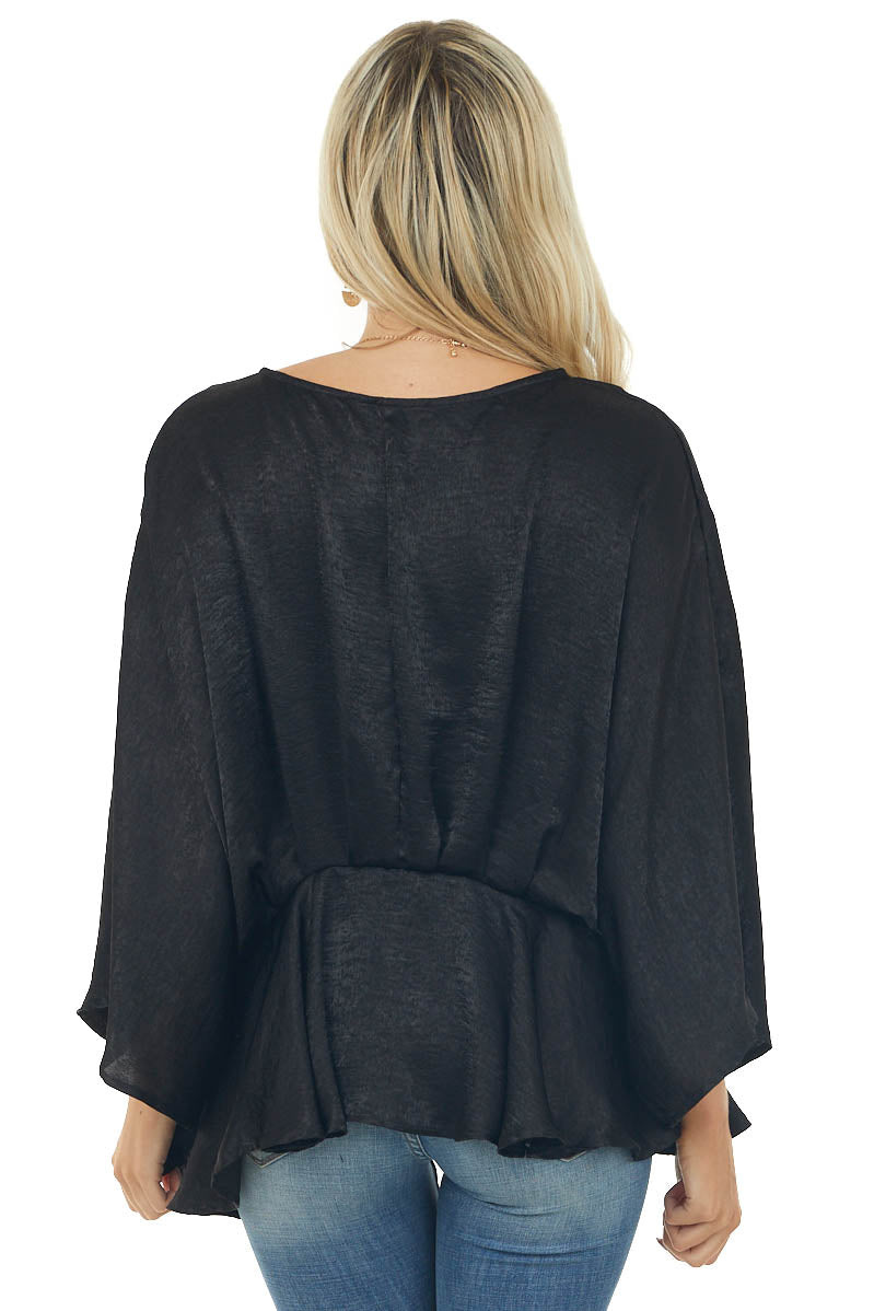 Black Satin Flowy Drop Waist Blouse with V Neckline