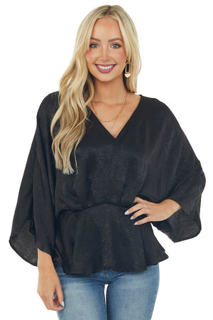 Black Satin Flowy Drop Waist Blouse with V Neckline