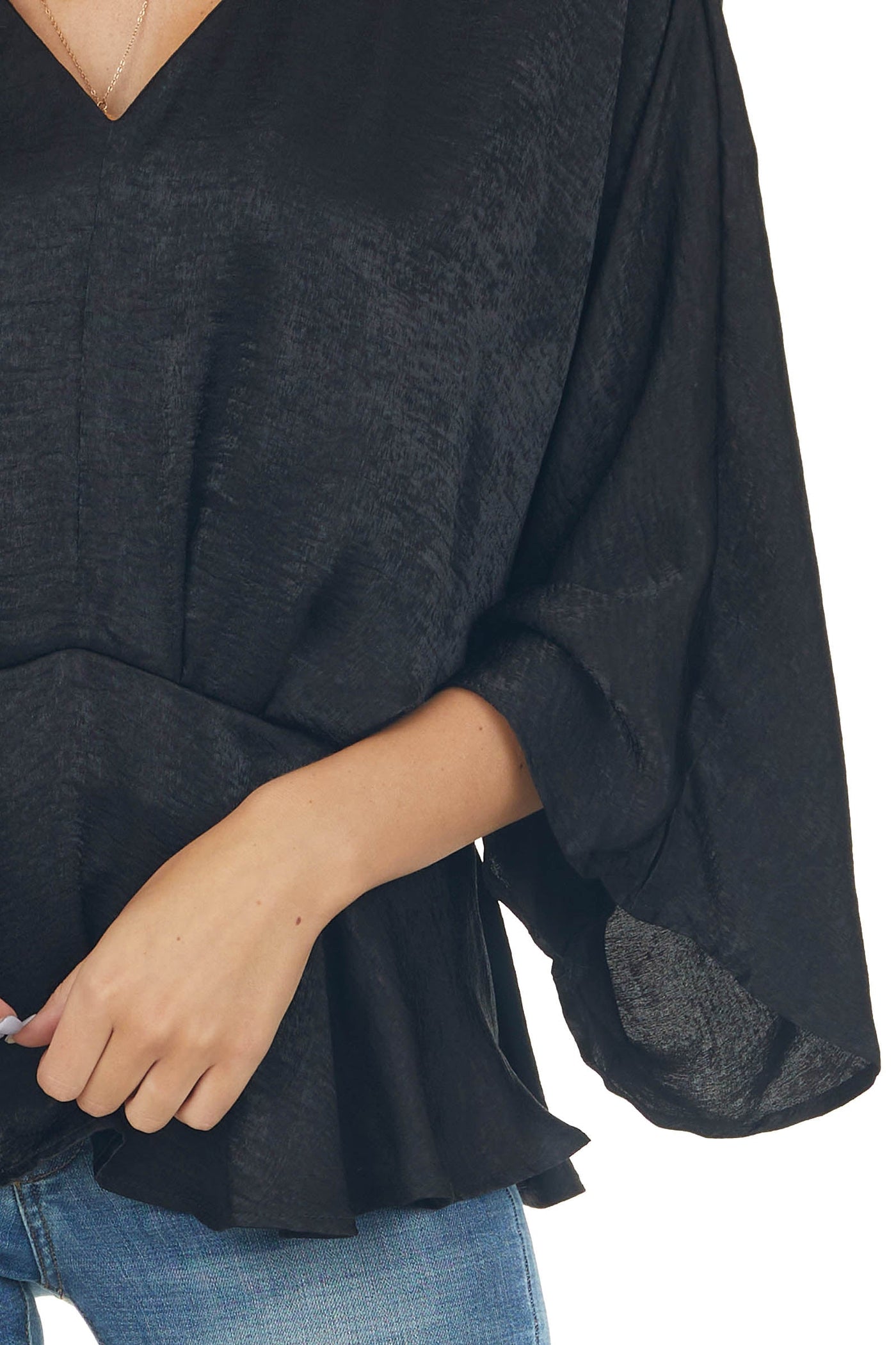 Black Satin Flowy Drop Waist Blouse with V Neckline