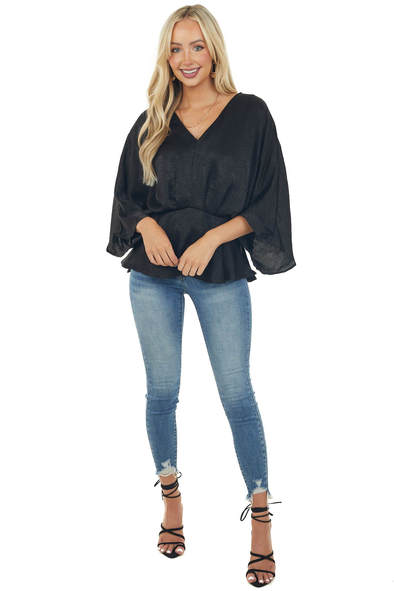Black Satin Flowy Drop Waist Blouse with V Neckline