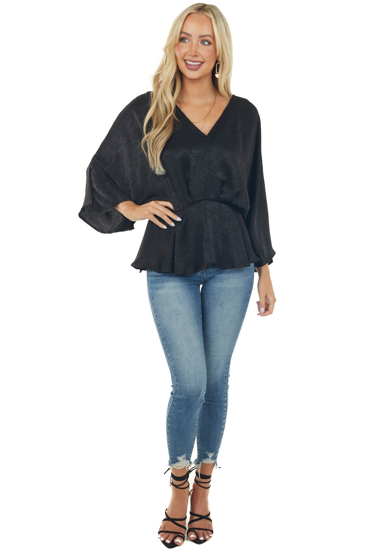 Black Satin Flowy Drop Waist Blouse with V Neckline