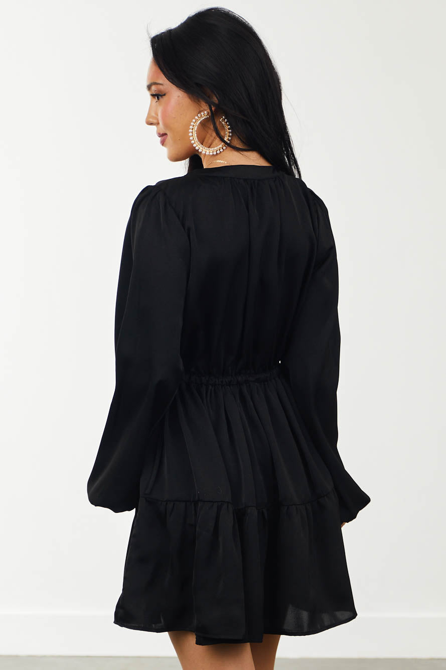 Black Satin Long Sleeve Tiered Mini Dress