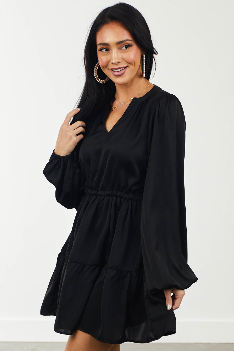 Black Satin Long Sleeve Tiered Mini Dress