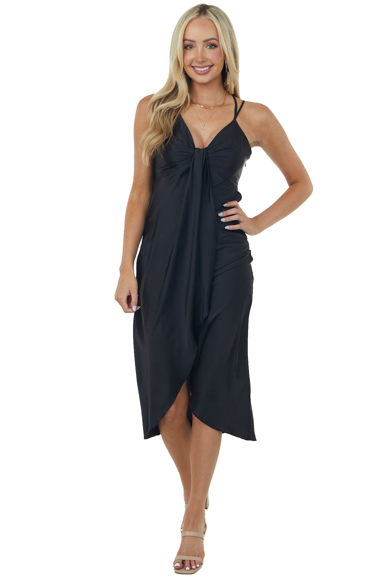 Black Satin Sleeveless V Neck Surplice Mini Dress