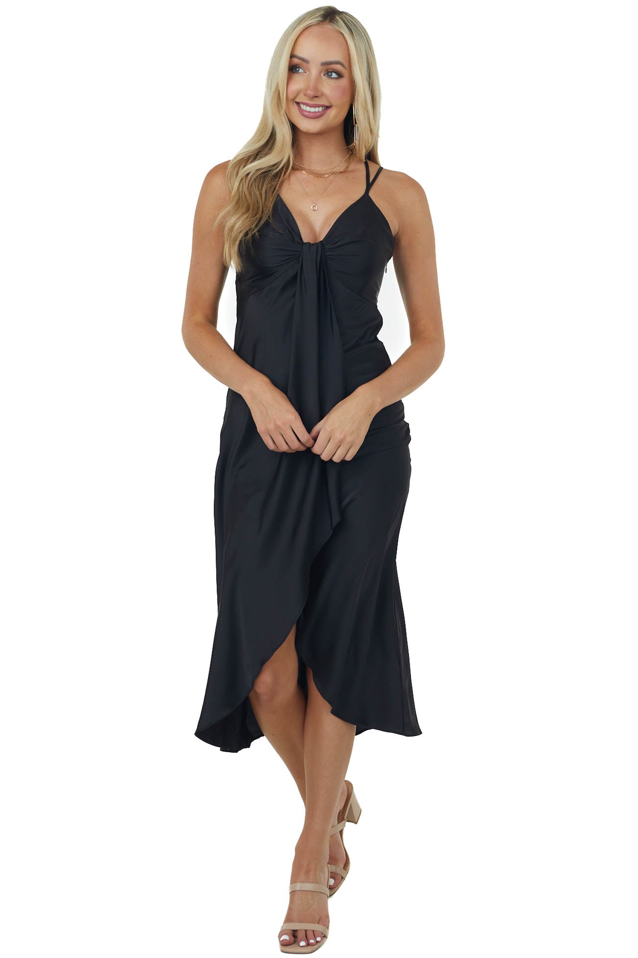Black Satin Sleeveless V Neck Surplice Mini Dress