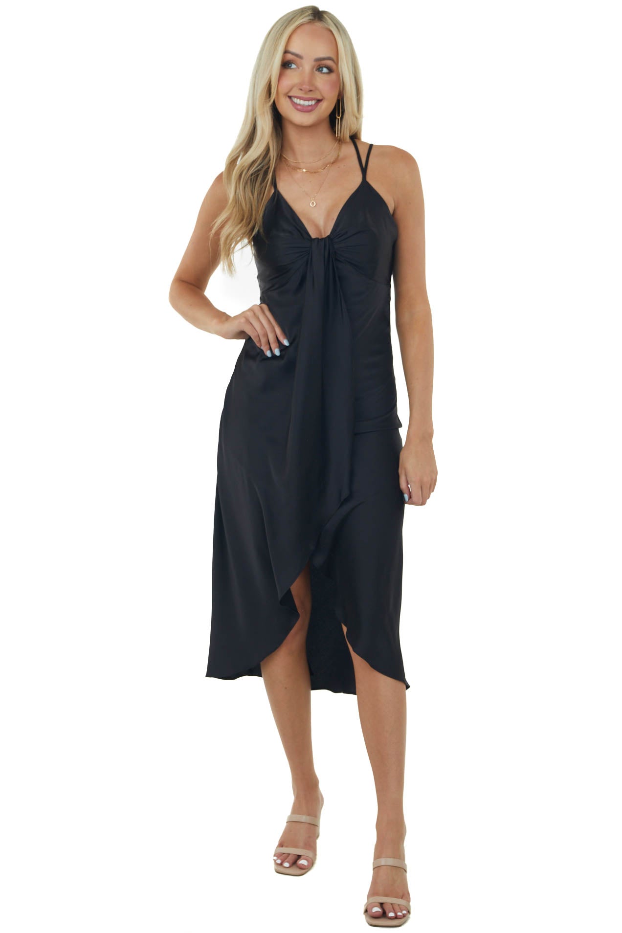 Black Satin Sleeveless V Neck Surplice Mini Dress