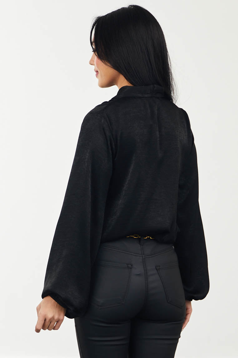 Black Satin Surplice Long Sleeve Bodysuit