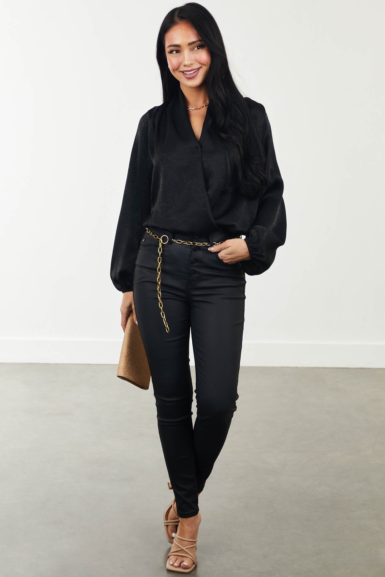 Black Satin Surplice Long Sleeve Bodysuit