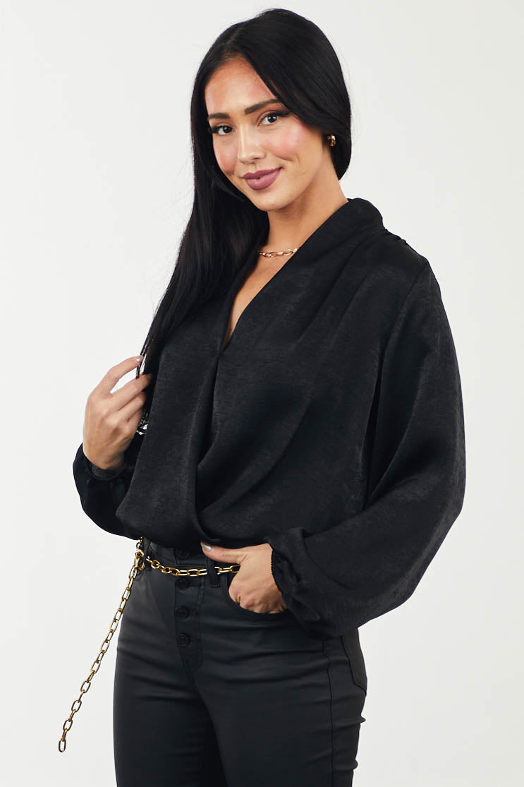 Black Satin Surplice Long Sleeve Bodysuit