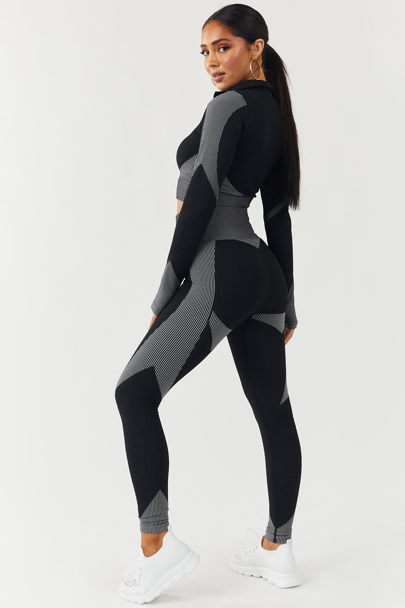 Black Seamless Zip Up Crop Top and Leggings Set