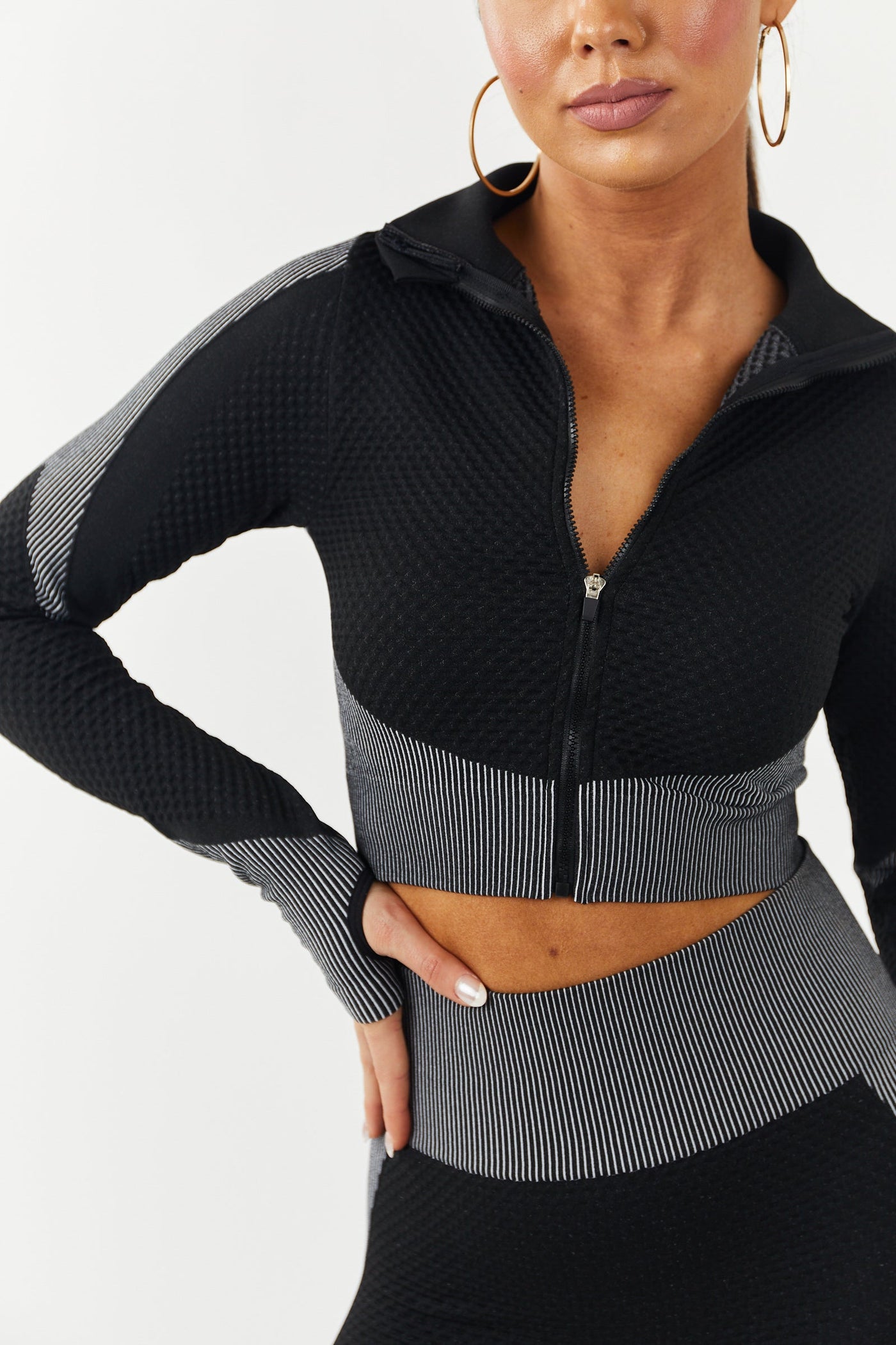 Black Seamless Zip Up Crop Top and Leggings Set