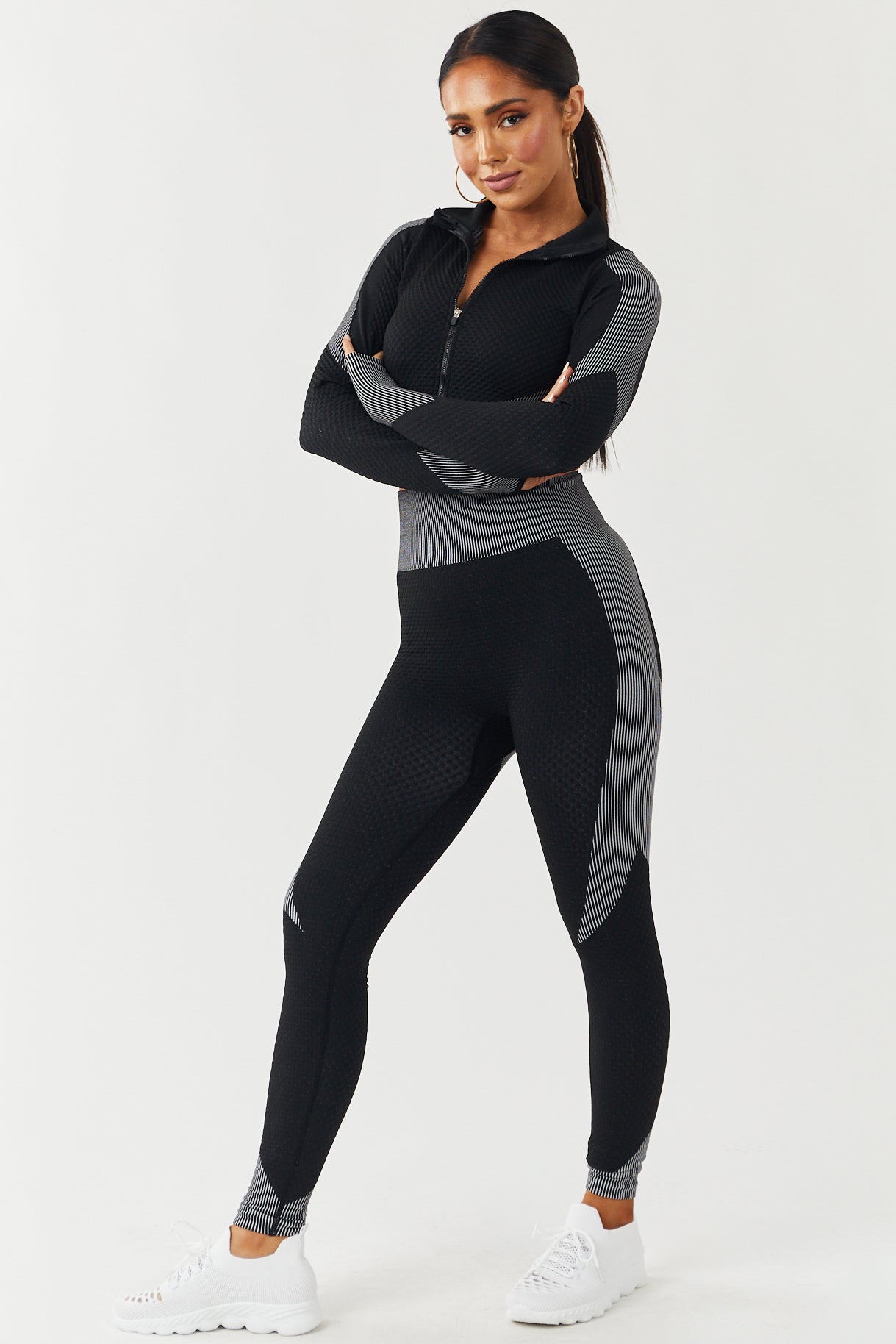 Black Seamless Zip Up Crop Top and Leggings Set