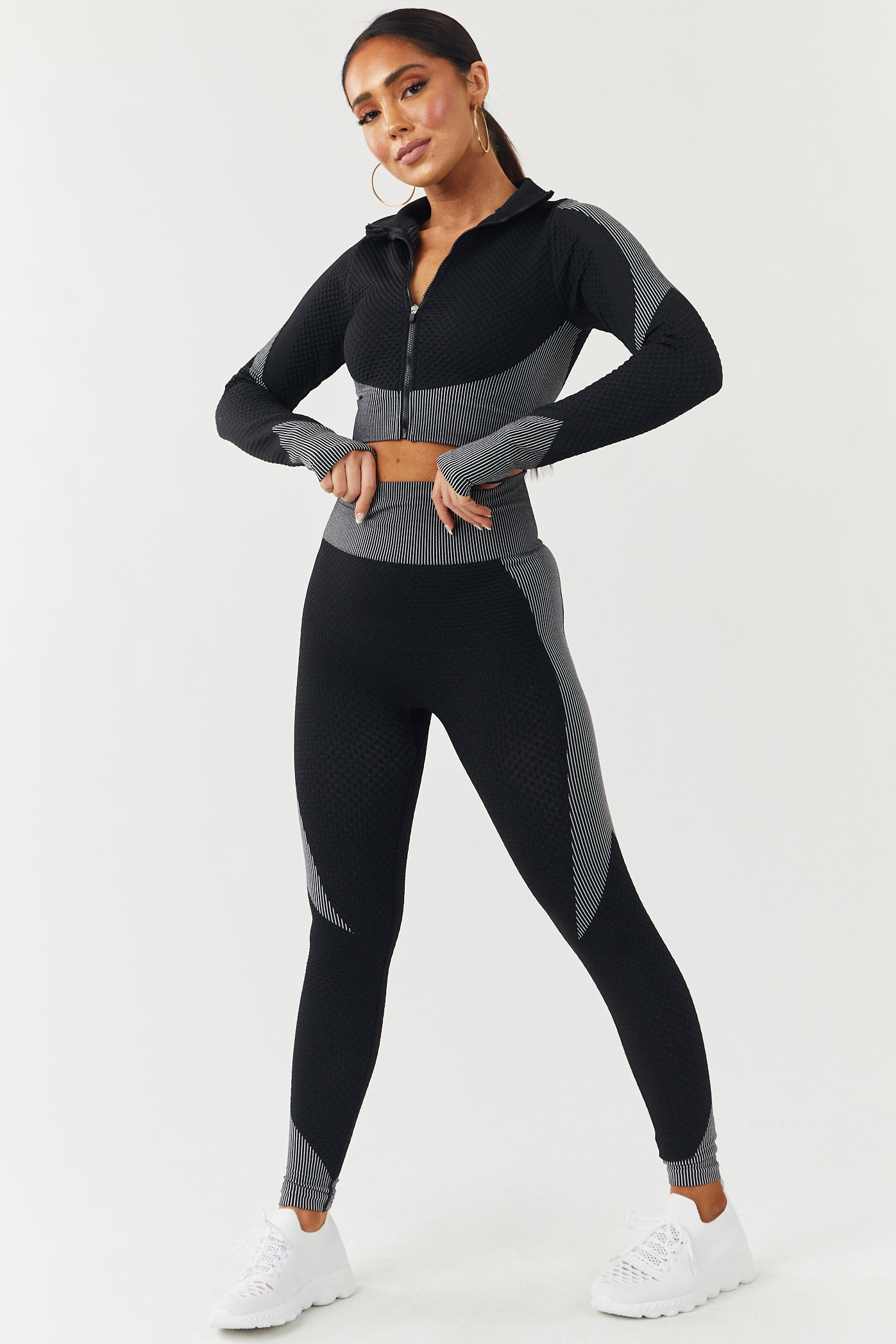 Black Seamless Zip Up Crop Top and Leggings Set