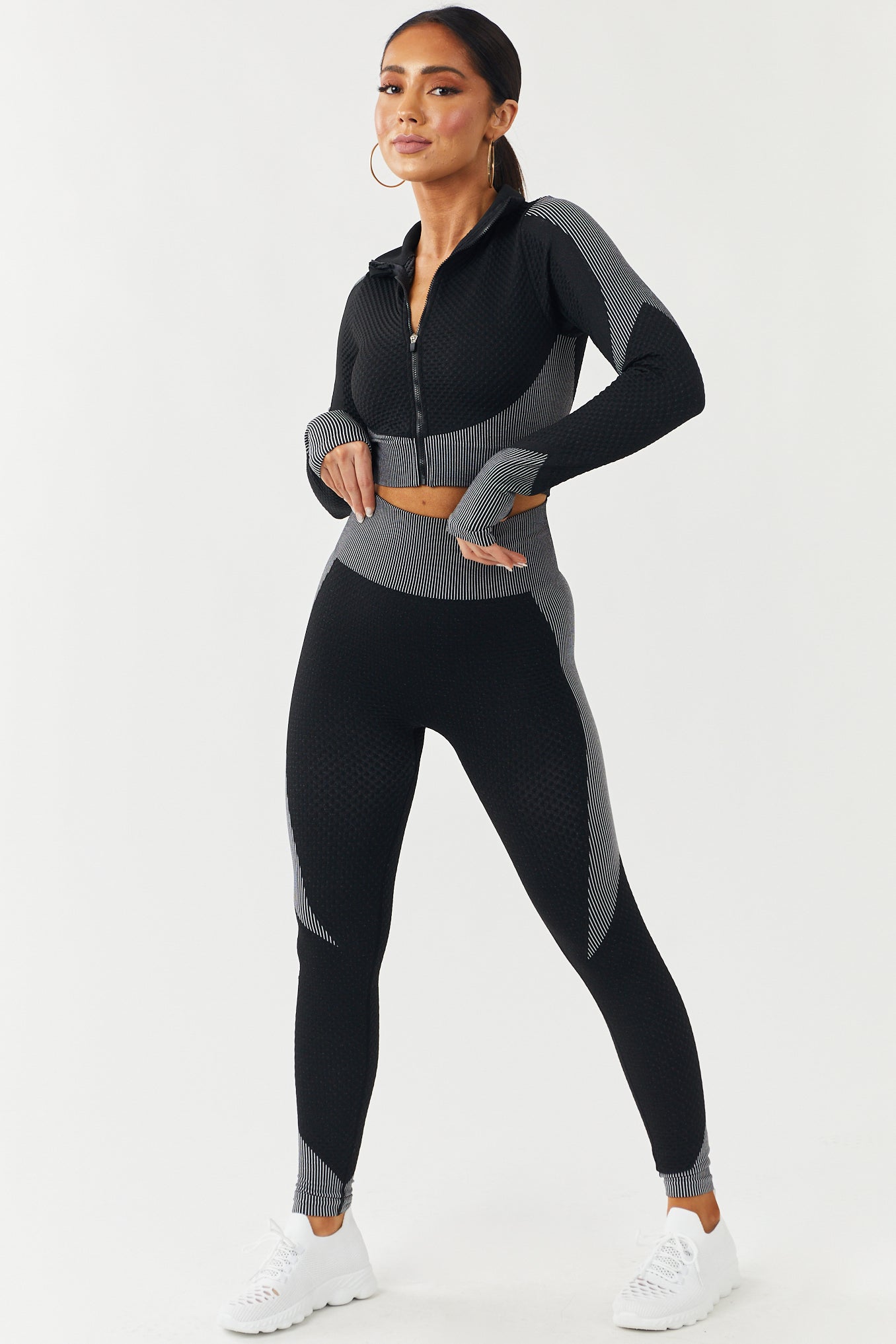 Black Seamless Zip Up Crop Top and Leggings Set