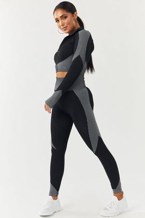 Black Seamless Zip Up Crop Top and Leggings Set