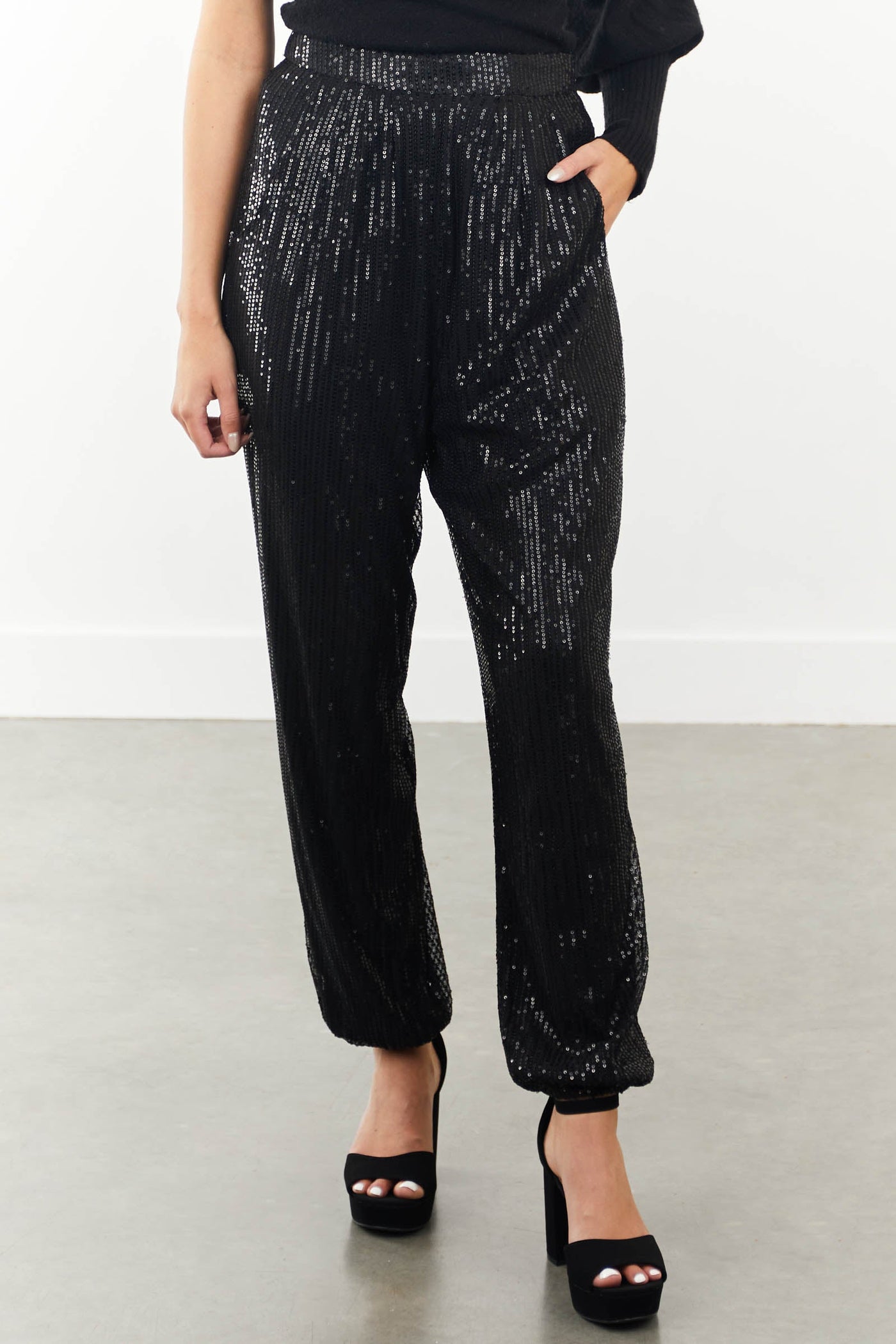 Black Sequin Baggy Fit Joggers with Pockets
