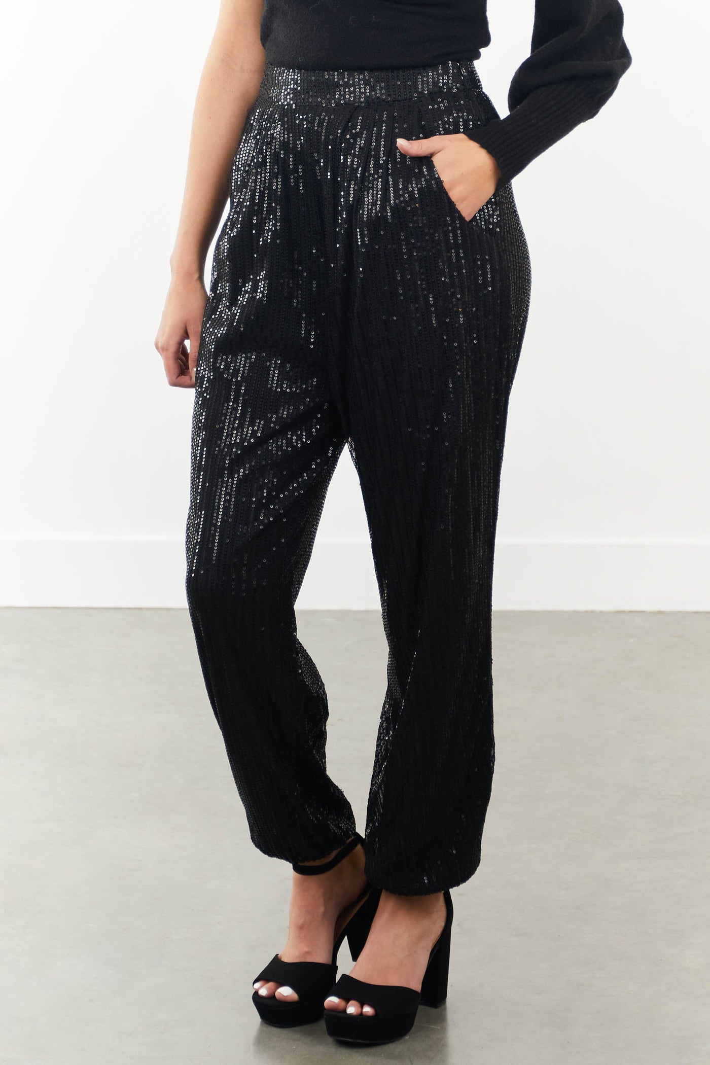 Black Sequin Baggy Fit Joggers with Pockets