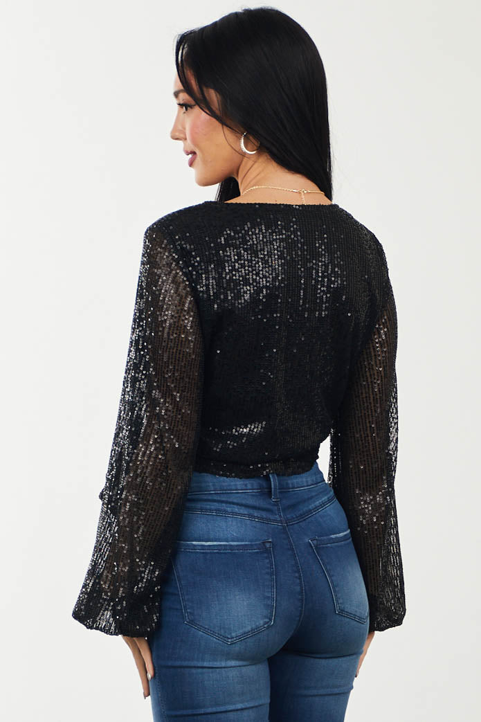 Black Sequin Side Tie Surplice Blouse